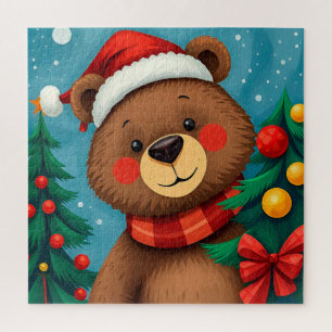 Bear in Santa Hat Among Christmas Trees Jigsaw Puzzle
