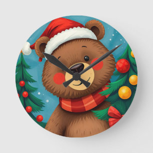 Bear in Santa Hat Among Christmas Trees Round Clock
