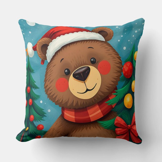 Bear in Santa Hat Among Christmas Trees Throw Pillow (Front)