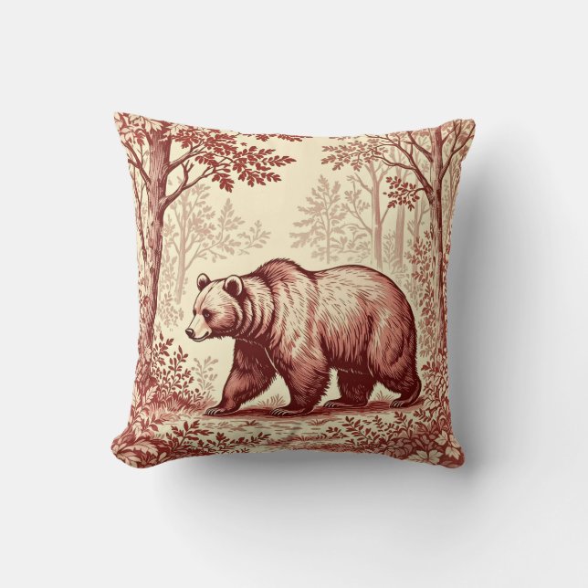 Bear in the Forest Toile Throw Pillow (Front)