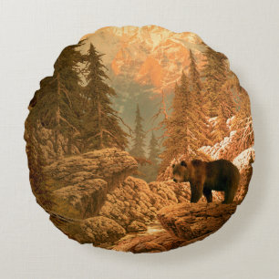 Bear in the Rocky Mountainsbear,brown,animal,grizz Round Pillow