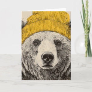 Bear in Yellow Beanie Rustic Woodland Animal Holiday Card