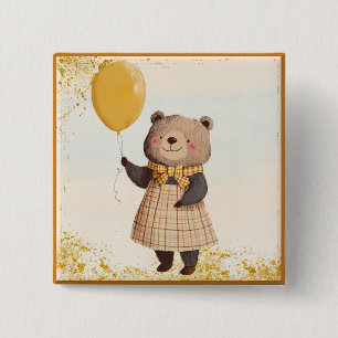 Bear in Yellow Plaid Dress with Yellow Balloon 2 Inch Square Button