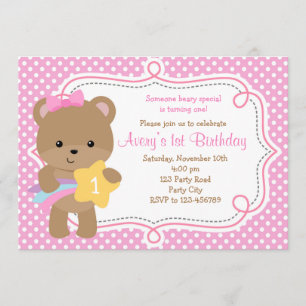 Bear Invitation (Girl - with Star) Pink Polka Dot