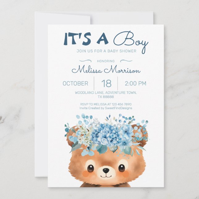 Bear it's a boy Blue Baby Shower Invitation (Front)