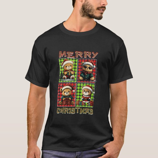 Bear Leopard Buffalo Plaid Animals Lover Merry Chr T-Shirt (Front)
