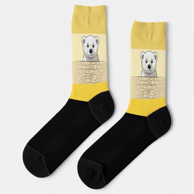 Bear looking over wall, Bright Yellow Colour Socks (Left)