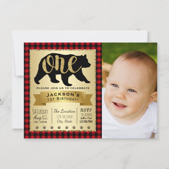 Bear Lumberjack 1er anniversaire fêtes Invitations (Devant)