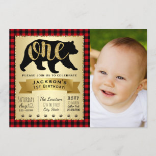 Bear Lumberjack 1st Birthday Party Invitations