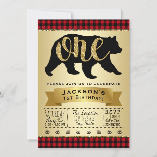 Bear Lumberjack 1st Birthday Party Invitations (Front)