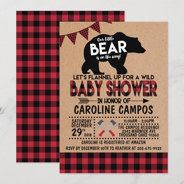 Bear Lumberjack Flannel Baby Shower Invitation (Front/Back)