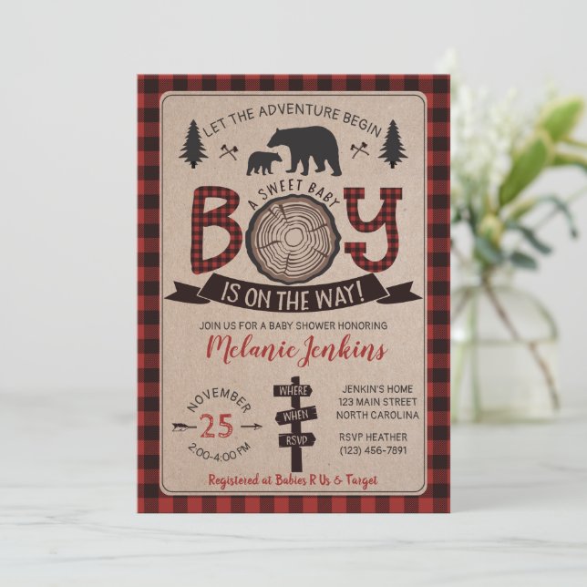 Bear Lumberjack Flannel Boy Baby Shower Invitation Zazzle