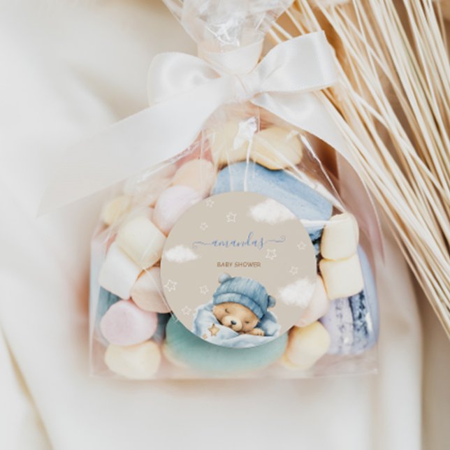 Bear Minimal Blue Baby Boy Shower  Classic Round Sticker (Creator Uploaded)