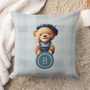 Bear Monogram Blue Gingham Throw Pillow