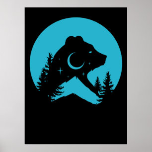 Bear Mountain Night Forest Silhouette Poster