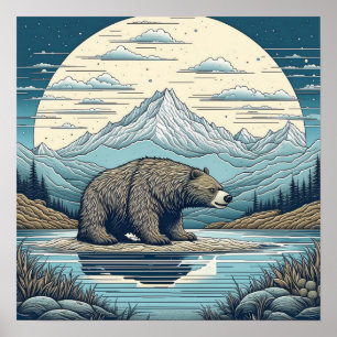 Bear, Mountains, Lake, Full Moon Ai Art Poster
