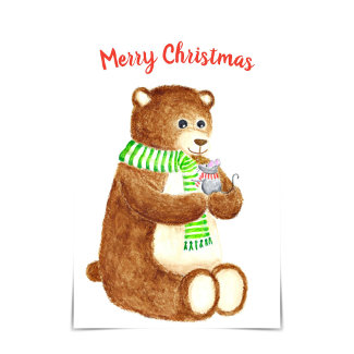 Bear & Mouse Merry Christmas Watercolour Card