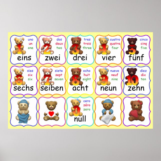 Bear Numbers in German English Spanish and French Poster (Front)