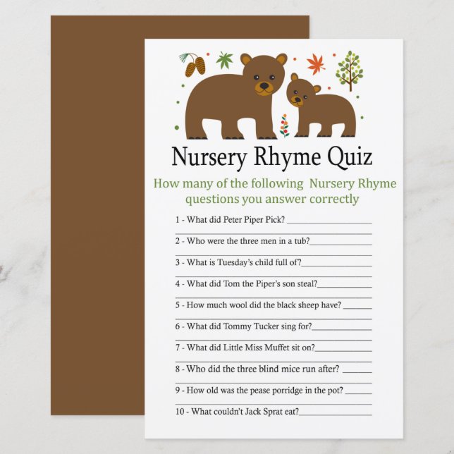 Bear Nursery Rhyme Quiz baby shower game (Front/Back)