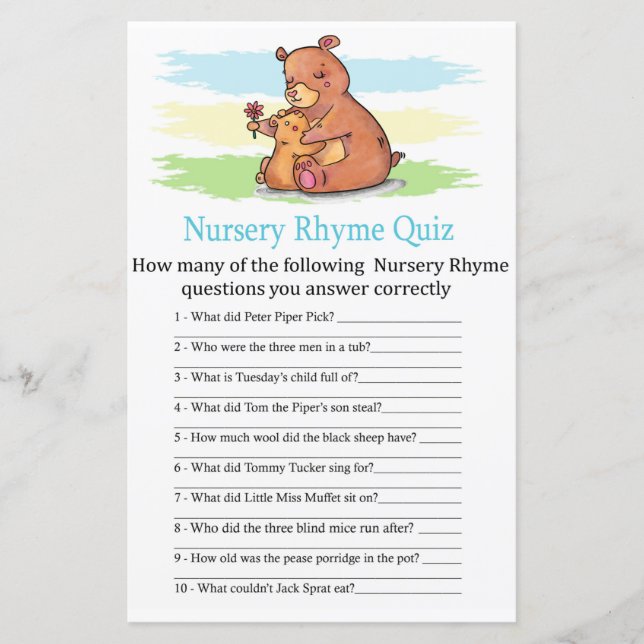 Bear Nursery Rhyme Quiz baby shower game (Front)