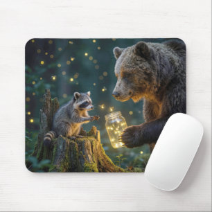 Bear Offering a Raccoon Jar of Fireflies Mouse Pad