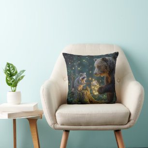 Bear Offering a Raccoon Jar of  Fireflies Throw Pillow