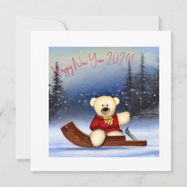 Bear on a sledge in the snow new year (Front)