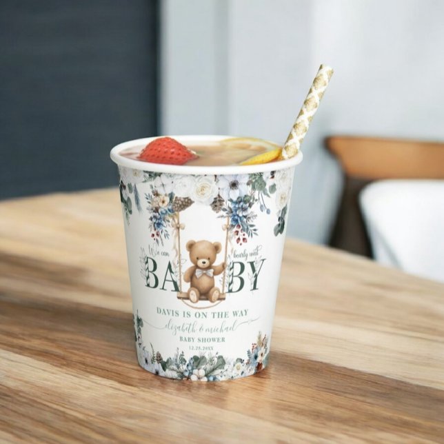 Bear On The Way Flower Greenery Baby Shower Paper Cups (Creator Uploaded)