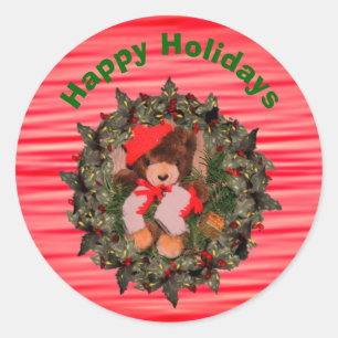 Bear On Wreath Christmas Holiday  Classic Round Sticker