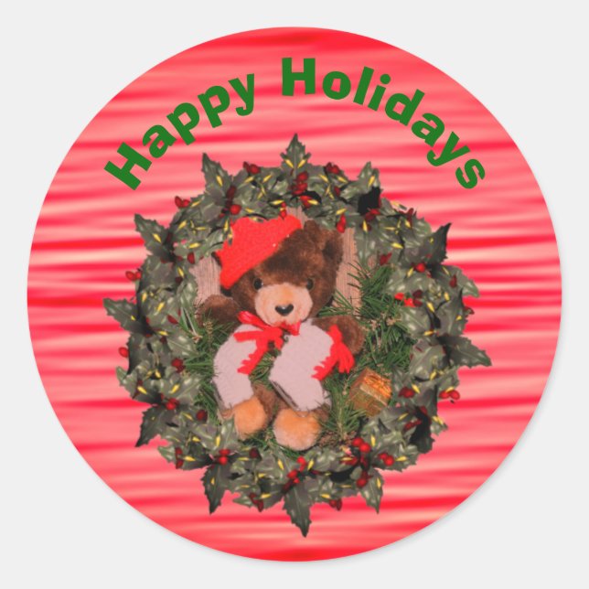 Bear On Wreath Christmas Holiday  Classic Round Sticker (Front)
