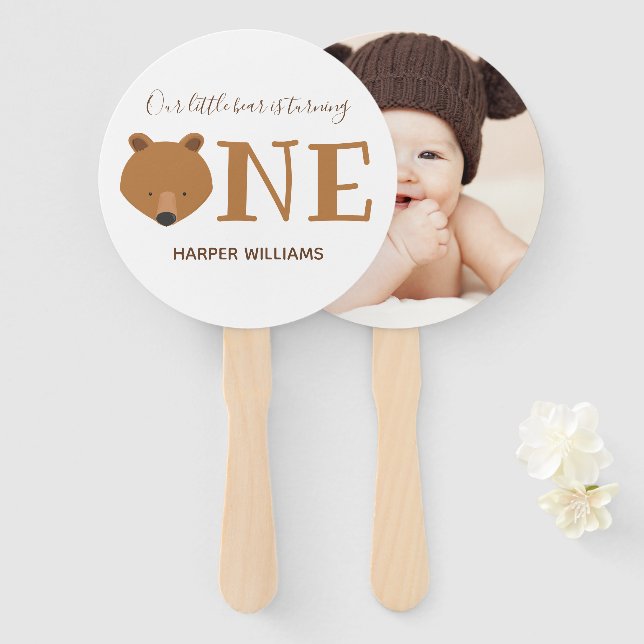Bear One Photo First Birthday Hand Fan (Front and Back)