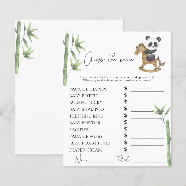 Bear Panda baby shower Price Guess game (Front/Back)