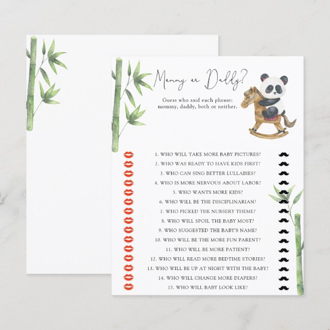 Bear Panda Mommy or daddy baby shower game (Front/Back)
