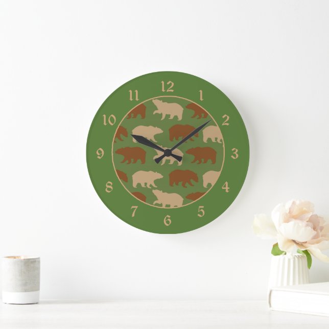 Bear Pattern on Green Cabin Large Clock (Home)