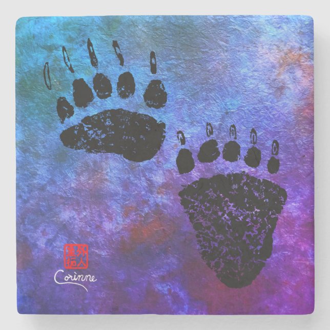 Bear Paws on Blue - Marble Coaster (Front)