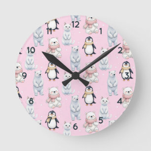 Bear penguin cat Seamless Pattern Round Clock