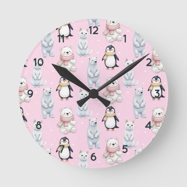 Bear penguin cat Seamless Pattern  Round Clock (Front)