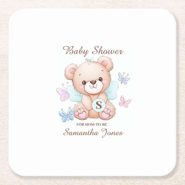 Bear Personalized Baby Shower Square Paper Coaster (Front)