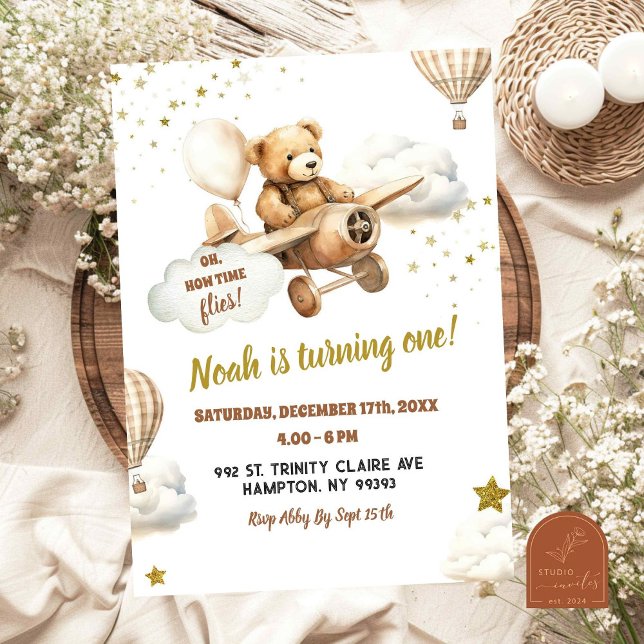 Bear Pilot Airplane First Birthday Boy Invitation (Creator Uploaded)
