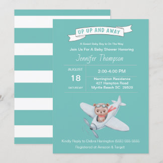 Bear Pilot and Airplane Baby Shower Invitation