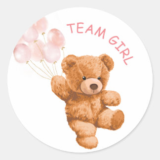 Bear Pink Balloon TEAM Girl Gender Reveal Game Classic Round Sticker