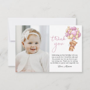 Bear Pink Balloons Baby Photo Thank You Card