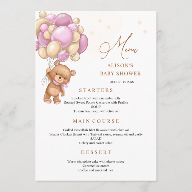 Bear Pink Balloons Baby Shower Menu (Front)