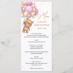 Bear Pink Balloons Baby Shower Menu