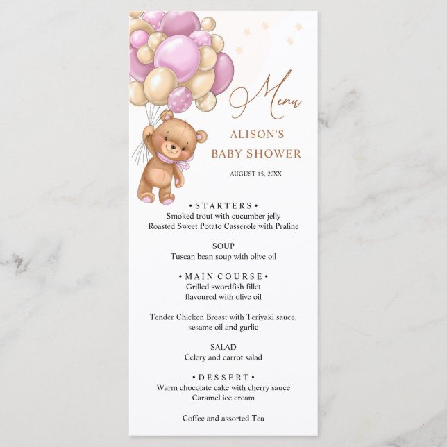 Bear Pink Balloons Baby Shower Menu (Front)