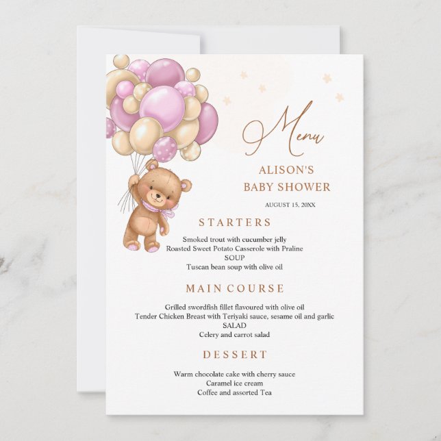 Bear Pink Balloons Baby Shower Menu Invitation (Front)