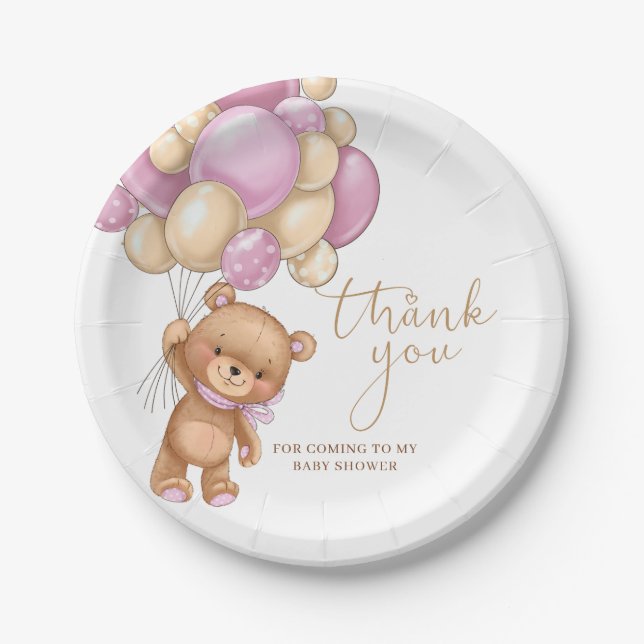 Bear Pink Balloons Baby Shower Thank You Plates (Front)