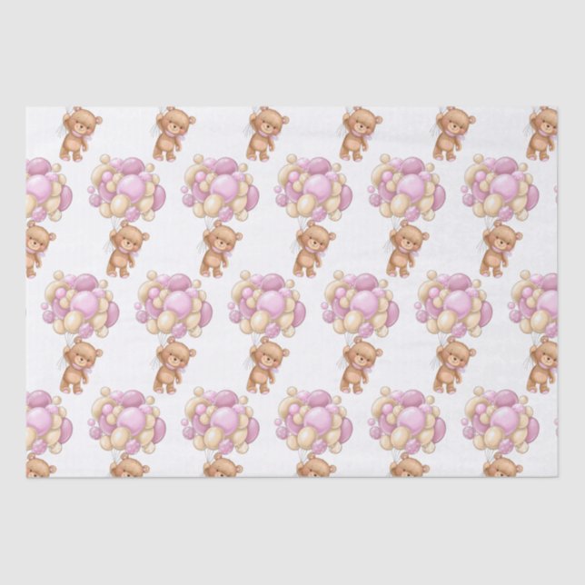 Bear Pink Balloons Baby Shower Tissue Paper (Front)