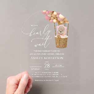 Bear, Pink Balloons, Hot Air Balloon, Baby Shower Acrylic Invitations