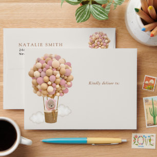 Bear, Pink Balloons, Hot Air Balloon, Baby Shower Envelope